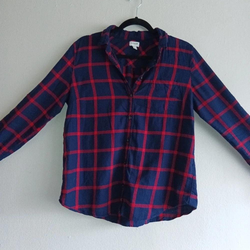 J Crew Red and Navy Blue Plaid Medium - Picture 2 of 3
